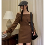 French One Shoulder Knitted Large Flip Neck Off Shoulder Sweater Dress for Women's Autumn Dress, Small and Popular Short Skirt