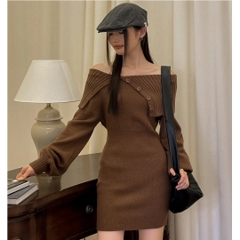 French One Shoulder Knitted Large Flip Neck Off Shoulder Sweater Dress for Women's Autumn Dress, Small and Popular Short Skirt