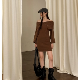 French One Shoulder Knitted Large Flip Neck Off Shoulder Sweater Dress for Women's Autumn Dress, Small and Popular Short Skirt